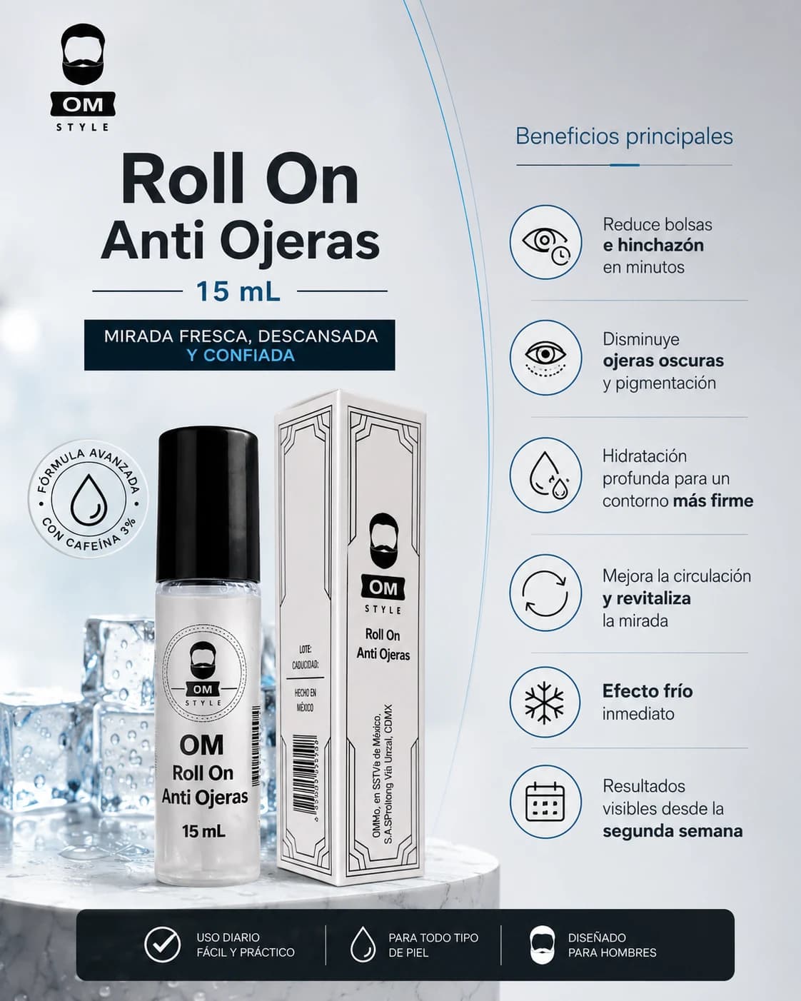Beneficios de OM STYLE Roll On Anti Ojeras