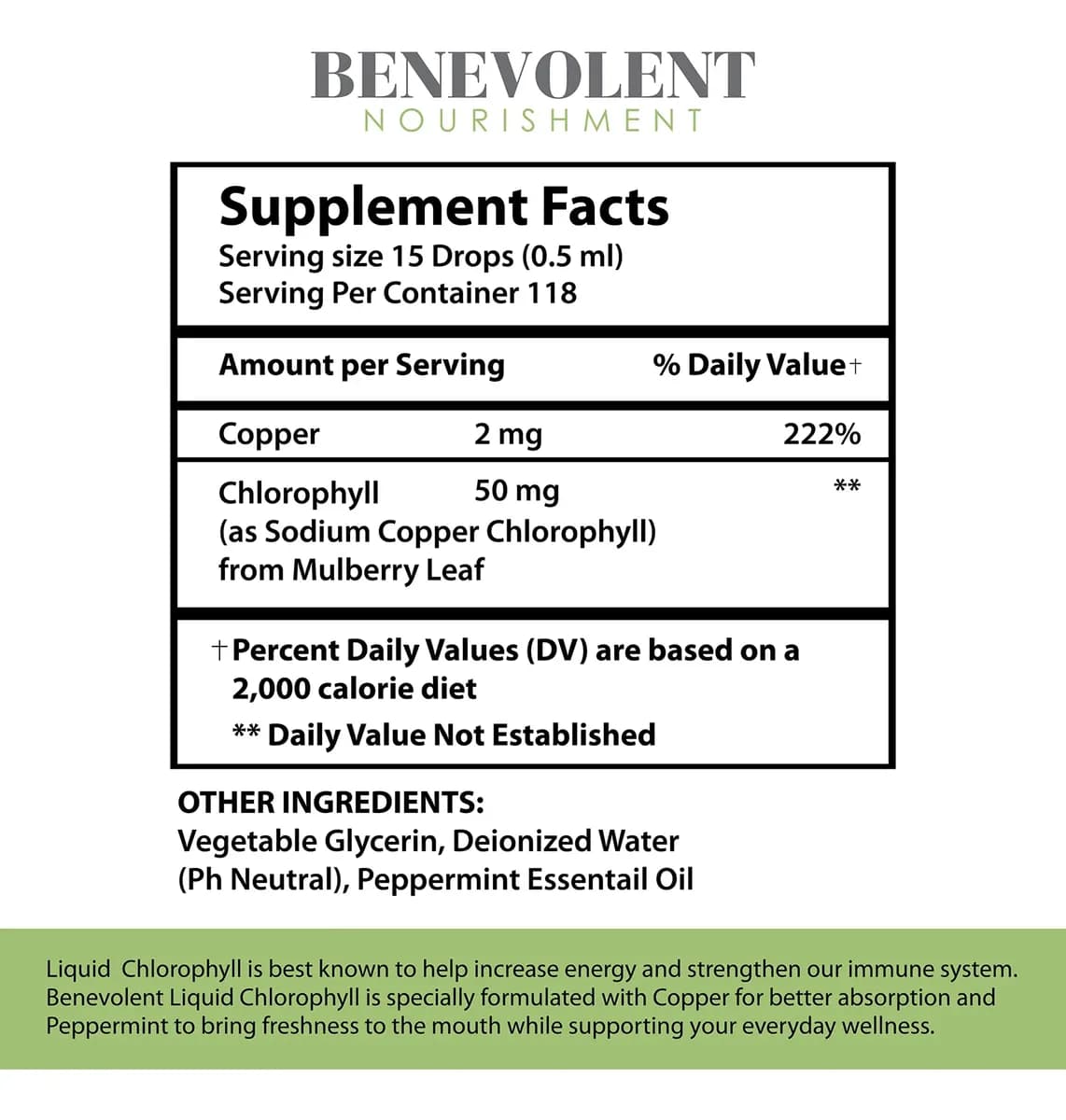 Supplement Facts de Benevolent Liquid Chlorophyll